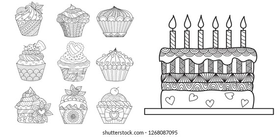 Cupcakes and birthday cake for design element and coloring book,coloring page or colouring picture. Vector illustration