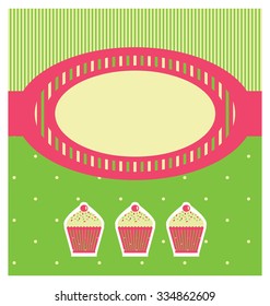 Cupcakes birthday card. Spring colors sweets background. Cute happy label. Fresh colors patterned banner template.