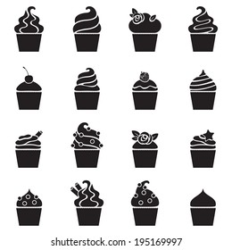 Cupcakes black icons set in flat style.