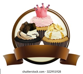 Cupcakes with brown banner illustration