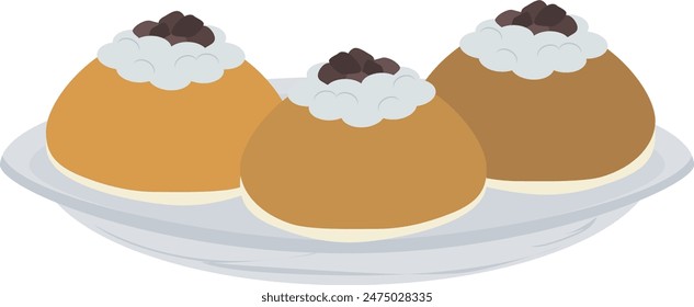 Cupcakes and buns with icing and plums. 