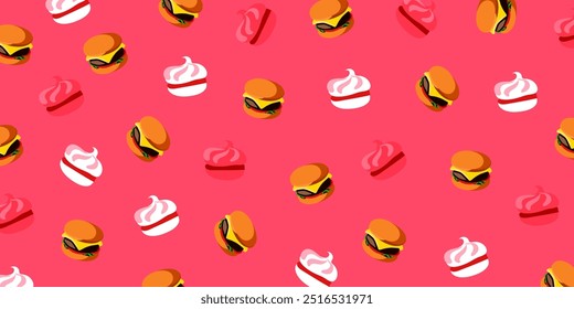 cupcakes e hambúrgueres padrão em fundo rosa - Ilustração de vetor