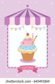 Cupcakes cafe decoration with awning tent on purple  pastel background colors.