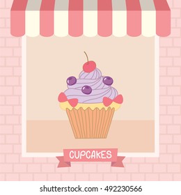 Cupcakes cafe shop showcase decoration with awning and brick wall in pink and  pastel background colors.Illustration vector.