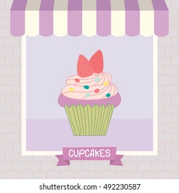 Cupcakes cafe shop showcase decoration with awning and brick wall in purple violet and  pastel background colors.Illustration vector.