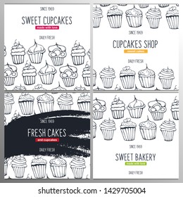 Cupcakes and Cakes banner with sketches hand drawing background