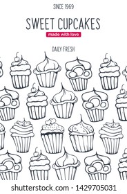 Cupcakes and Cakes banner with sketches hand drawing background