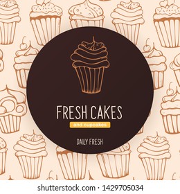 Cupcakes and Cakes banner with sketches hand drawing background