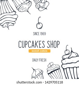 Cupcakes and Cakes banner with sketches hand drawing background