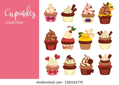 Cupcakes and cakes logo templates. Bakery desserts chocolate and fruit muffins