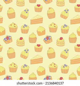 Cupcakes and cakes seamless pattern vector illustration, hand drawing doodles, yellow background