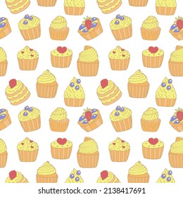 Cupcakes and cakes seamless pattern vector illustration, hand drawing doodles