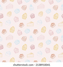 Cupcakes y tartas ilustraciones vectoriales sin fisuras, doodles para dibujar a mano, fondo rosa