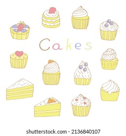 Cupcakes and cakes set vector illustration, hand drawing doodles