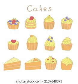 Cupcakes and cakes set vector illustration, colored hand drawing doodles