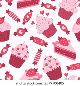 Cupcakes, candies and pies seamless pattern. Valentine sweet food background. 