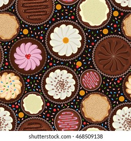 Cupcakes and candies seamless pattern. Bright sweet food background. Dessert seamless texture. 