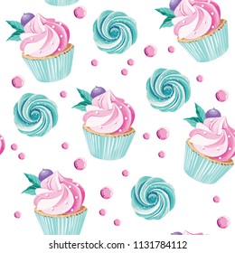 Cupcakes, candies, zephyrs with mint on the white background. Seamless pattern