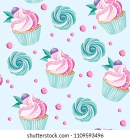 Cupcakes, candies, zephyrs on the mint background. Seamless pattern