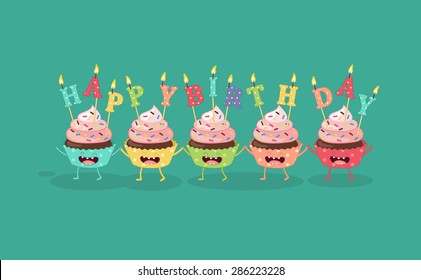 Cupcakes with a candle Happy Birthday. Comic characters. Use for card, poster, banner, web design and print on t-shirt. Easy to edit. Vector illustration.