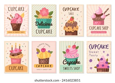 Tarjetas de pasteles. Diseñar tarjetas decorativas productos de postre panadería muffins vectoriales recientes