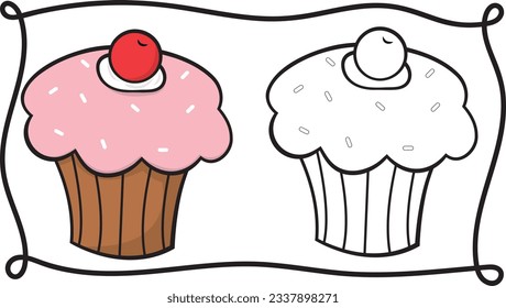 Cupcakes cartoon style vector illustration to paint without color and with color without background.