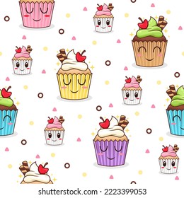 Cupcakes cartoon vector pattern background.