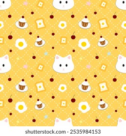 Cupcakes ,cat , cherry on a yellow background, cute pattern, seamless pattern 