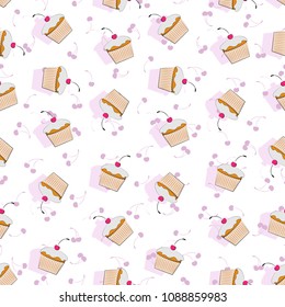 Cupcakes with cherries on a white background. Seamless pattern. Background image, design for textiles, packaging materials.