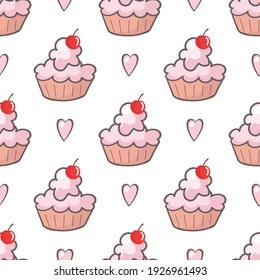 Cupcakes with cherries on a white background.Pattern with buns for textiles, fabric, background, wallpaper, packaging paper.