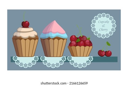 Pasteles, cerezas, servilletas de patrón en la estantería, fondo gris azul. Ilustración vectorial.