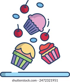Cupcakes with cherry and gems linear color vector illustration