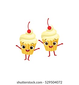 Cupcakes With Cherry On Top for Kids Birthday Party. Happy Smiling Animated Cartoon Object. Festive Girly Character Illustration