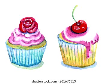 Cupcakes with cherry. Watercolor vector illustration