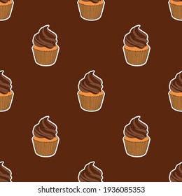 Cupcakes with chocolate cream on brown background. Seamless pattern. Vector hand drawn illustration.
