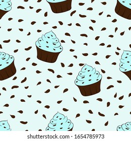 Cupcakes with chocolate sprinkles isolated. Blue background. Sweet Dessert with cream. Seamless pattern.Vector illustration.