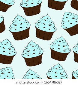 Cupcakes with chocolate sprinkles isolated. Blue background. Sweet Dessert with cream. Seamless pattern.Vector illustration.
