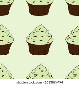 Cupcakes with chocolate sprinkles isolated. Green background. Sweet Dessert with cream. Pistachio or mint taste. Seamless pattern.Vector illustration.