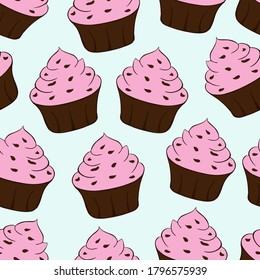 Cupcakes with chocolate sprinkles isolated on blue background. Sweet Dessert with pink berry cream. Strawberry taste. Seamless pattern.Vector illustration