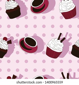 Cupcakes and coffee cup seamless pattern on pink background with dots.