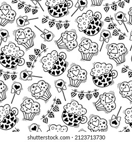 Cupcakes, coffee and sweets. Black and white illustration in the doodle style.