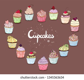 Cupcakes collection. Different cakes vector set. Many types cupcake isolated. 