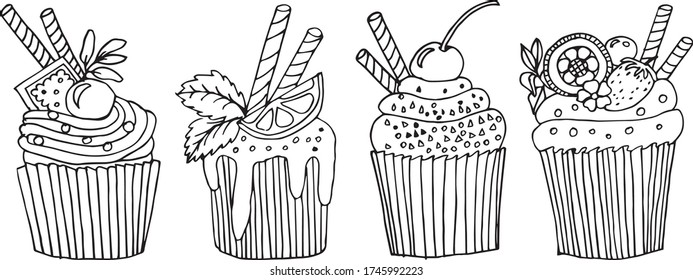 Cupcakes collection on white isolated background. Vector drawing. Coloring book for adults and children. Cupcakes drawn in vector program.