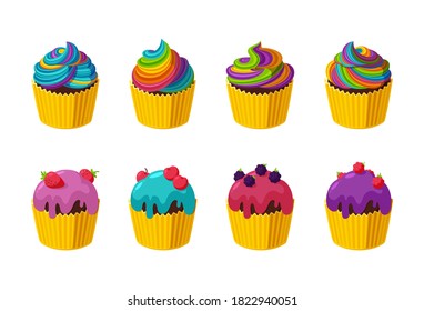 Cupcakes with colorful frosting, rainbow icing and berries. Big set of cupcakes isolated in white background. Vector illustration of muffins with buttercream in cute cartoon style