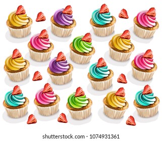 Cupcakes colorful pattern Vector realistic. 3d illustration