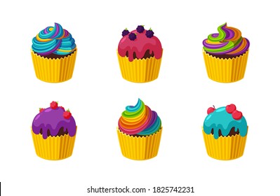 Cupcakes with colorful and rainbow icing. Set of cupcakes isolated in white background. Vector illustration in cute cartoon style