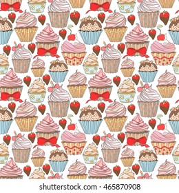 Cupcakes colorful seamless pattern can be used for wallpaper, website background, wrapping paper. Cupcake sweat bright pattern. Sweat desert design. Food concept.