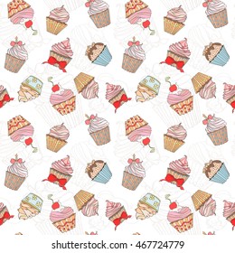 Cupcakes colorful seamless pattern can be used for wallpaper, website background, wrapping paper. Cupcake sweat bright pattern. Sweat desert design. Food concept.