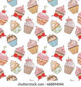 Cupcakes colorful seamless pattern can be used for wallpaper, website background, wrapping paper. Cupcake sweat bright pattern. Sweat desert design. Food concept.