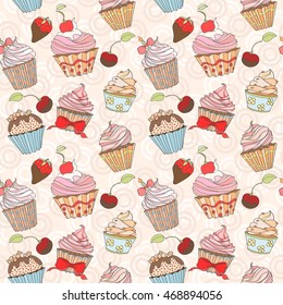 Cupcakes colorful seamless pattern can be used for wallpaper, website background, wrapping paper. Cupcake sweat bright pattern. Sweat desert design. Food concept.